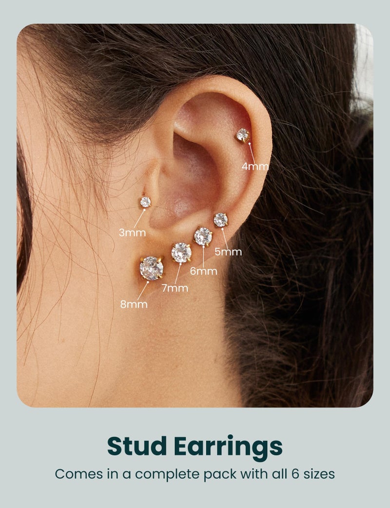 WSSXC 6 Pairs Stud Earrings Hypoallergenic Cubic Zirconia 316L Earrings Stainless Steel CZ Earrings Set 3-8mm (Gold) - Image 2